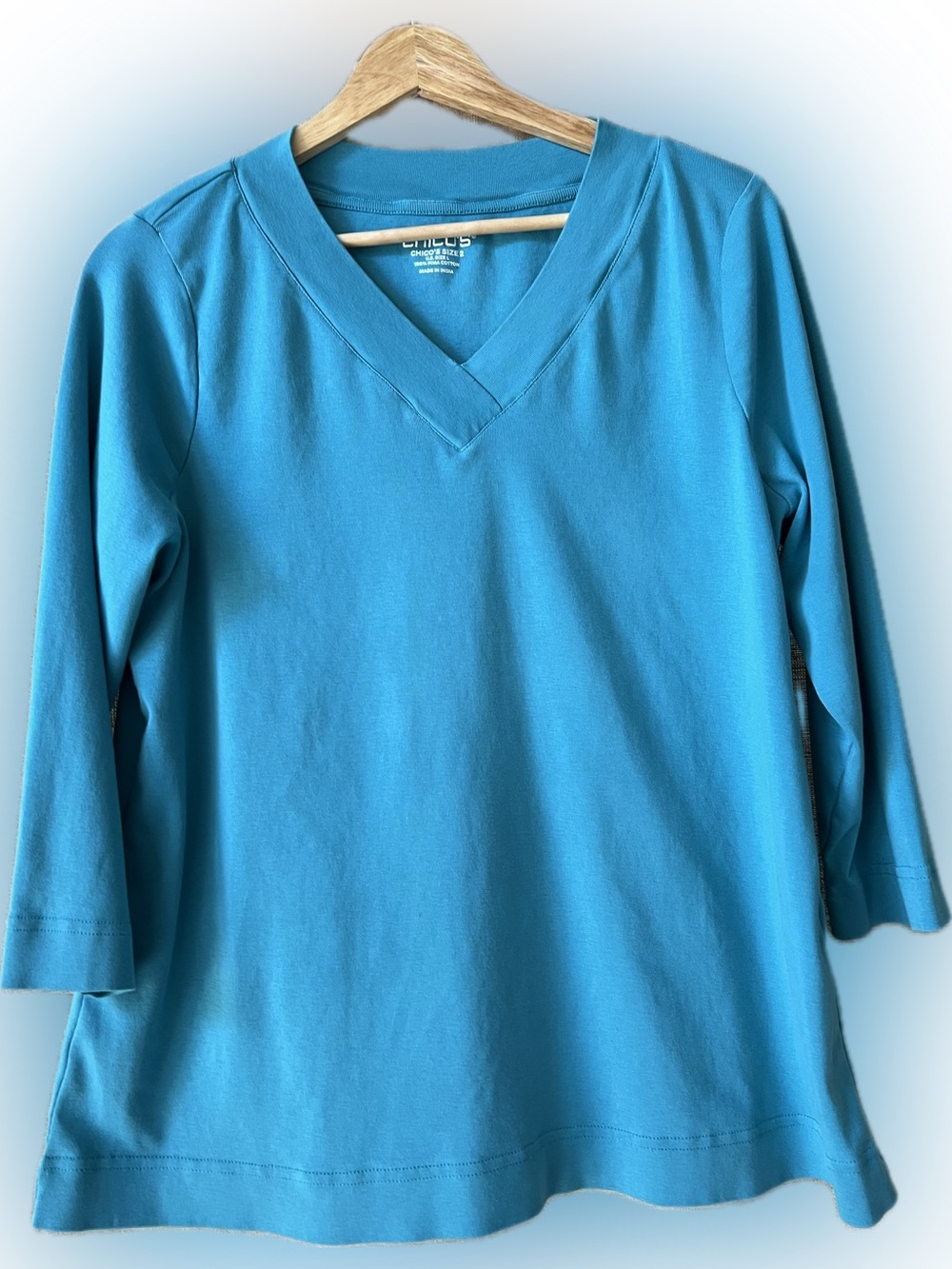 Chico’s 100% pima cotton b-neck aqua tunic 3/4 sleeves 2 / large bust: 43”